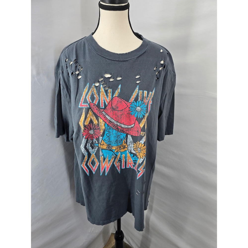 Zutter USA Long Live Cowgirls Distressed Graphic T-Shirt Gray Western M/L